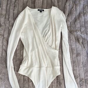 Express Ivory Ribbed V-Neck Bodysuit